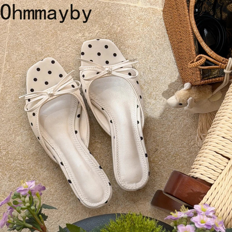 Women's Satin Polka Dot Slide Slippers with Bow & Low Heel Slide Slippers Axl