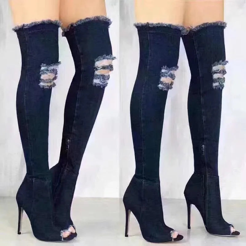 Women's Over-Knee Denim Gladiator Boots – High Heel Pointed Toe Over-Knee Heeled Boots Axl