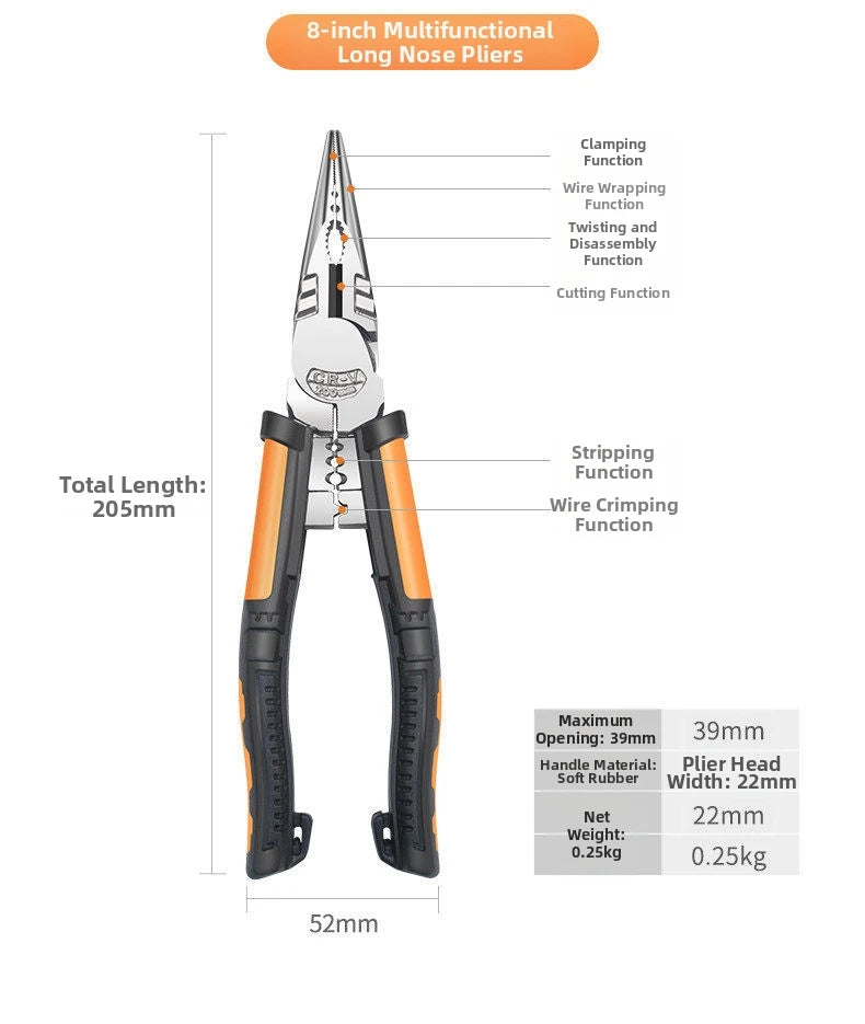 8-Inch Needle Nose Pliers – Wire Stripper, Crimper & Cutter Multi-Function Pliers Axl nose plier China Mainland