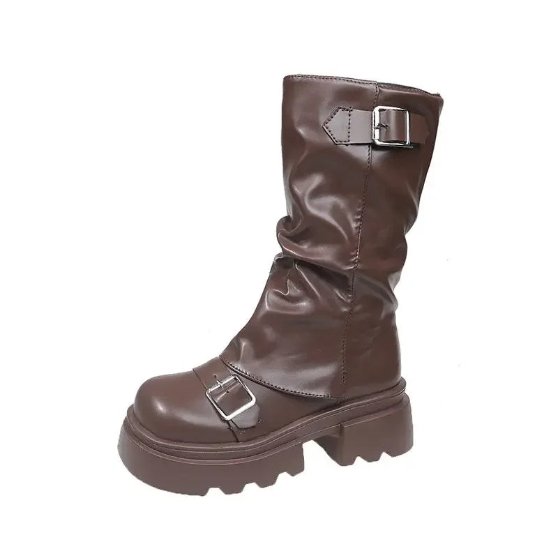 Women's Retro Brown Mid-Calf Wedge Boots | Waterproof Zipper Mid-Calf Boots Axl