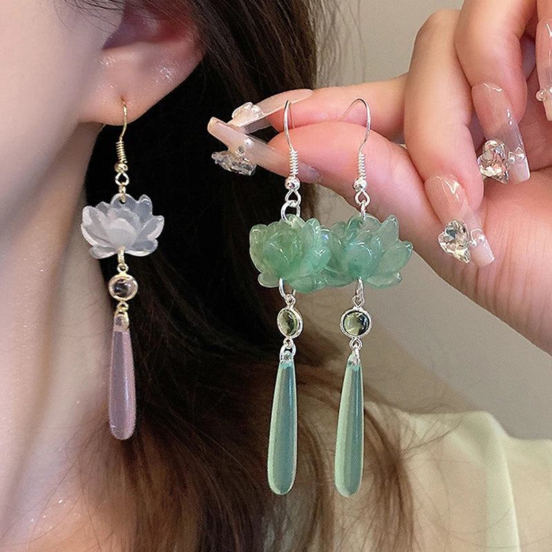 Chinese Lotus Cat's Eye Tassel Drop Earrings | 1 Pair Tassel Drop Earrings Axl