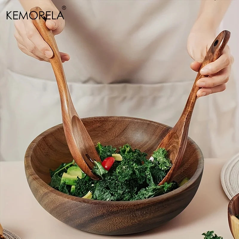 KEMORELA Acacia Wood Salad Servers – Long Handle Spoon & Fork Wood Salad Servers Axl