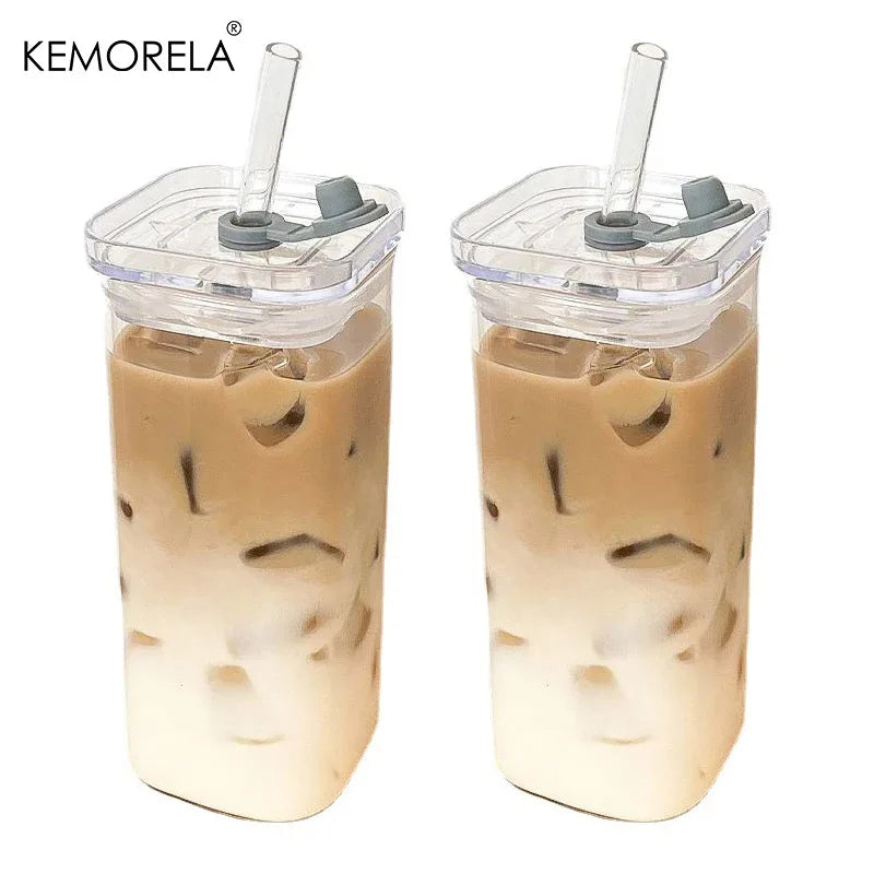 Square Heat-Resistant Glass Cups with Lid & Straw | Set of 1–6 Glass Cup Set Axl 2PCS 301-400ml