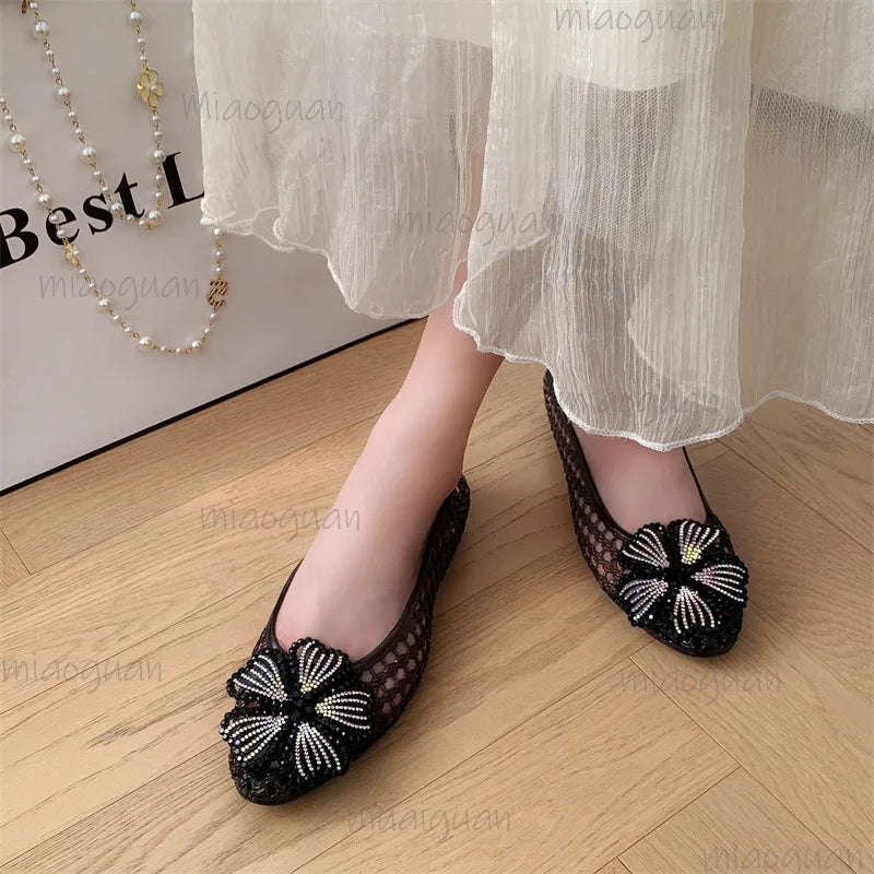 Crystal Jelly Sandals – Diamond Flower Pointed Toe Flats for Women Women's Jelly Sandals Axl