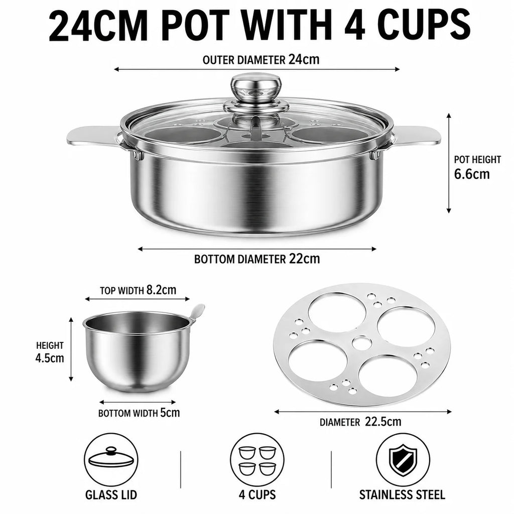 Stainless Steel Water Bath Stew Pot – 4 Inner Cups & Glass Lid Water Bath Stew Pot Axl 24cm Pot with 4 Cups