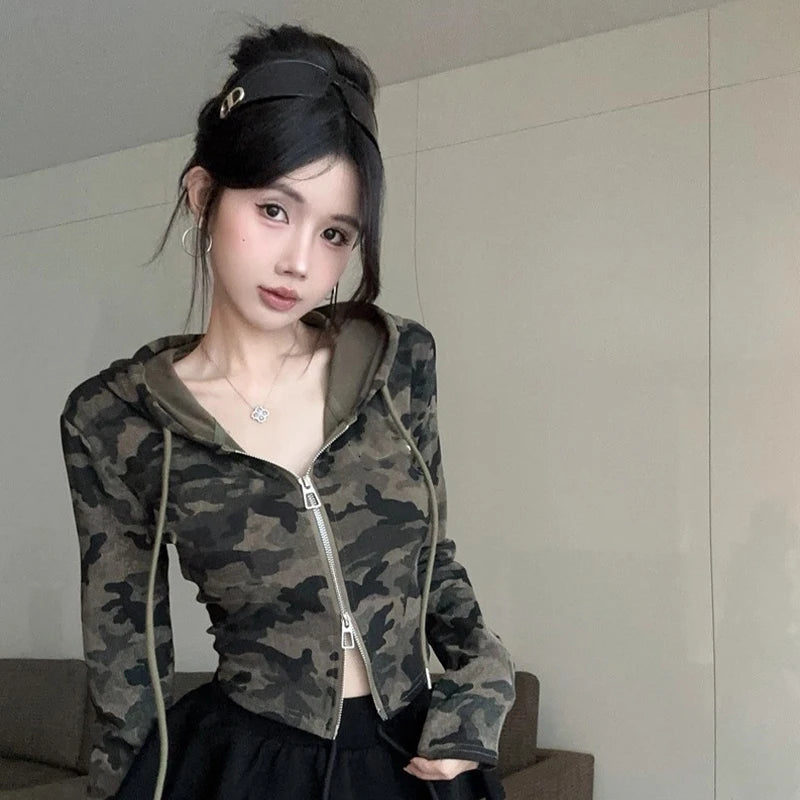 Women's Camo Hooded Crop Jacket – Zip Up Slim Fit Streetwear Crop Hoodie Jacket Axl M Green