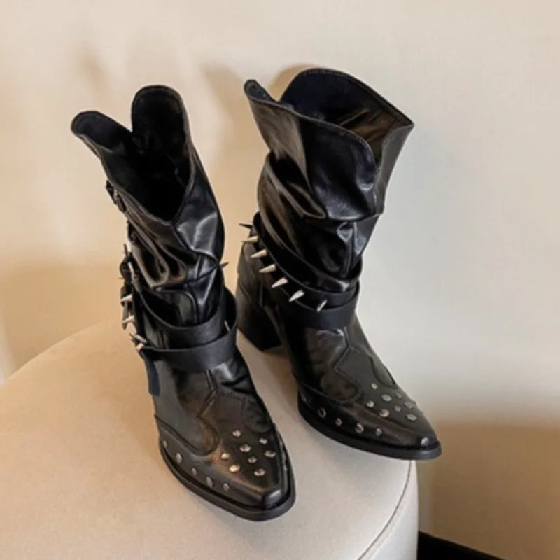 Women's Rivet Block Heel Mid-Calf Boots | Pointed Toe Buckle Women's Mid-Calf Boots Axl