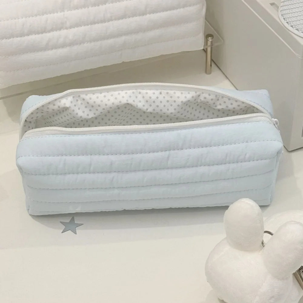 Large Capacity Pencil Case – Cute Cream Quilted Pen Bag Pencil Case Axl Blue