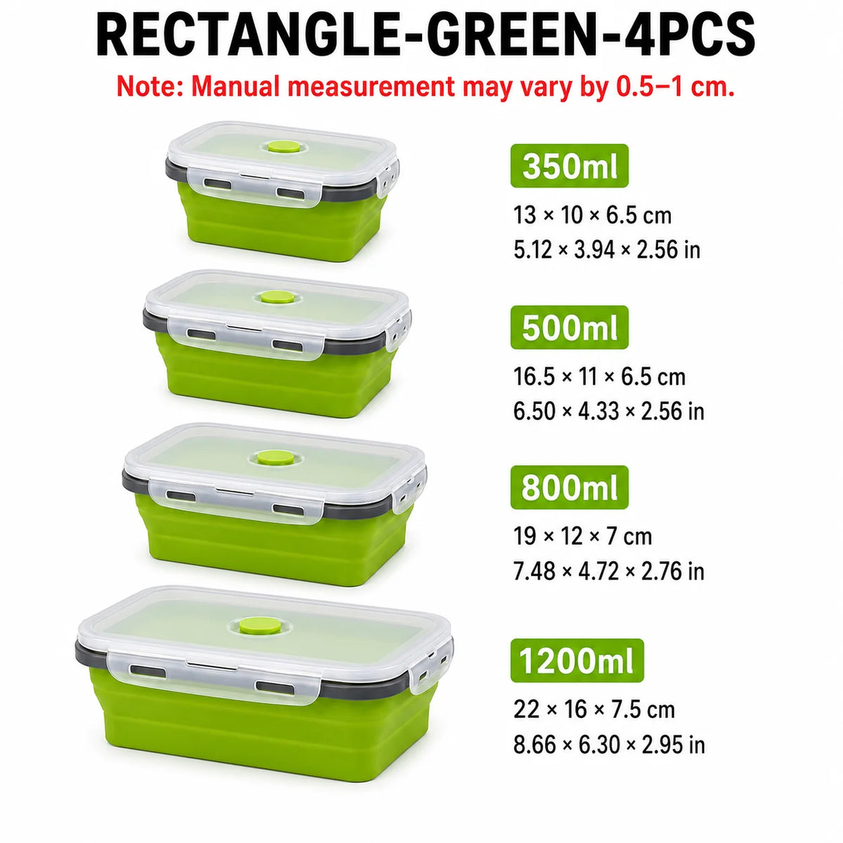 Uwhise 4-Size Collapsible Silicone Bento Lunch Box Set Silicone Food Containers Axl Rectangle-Green-4Pcs