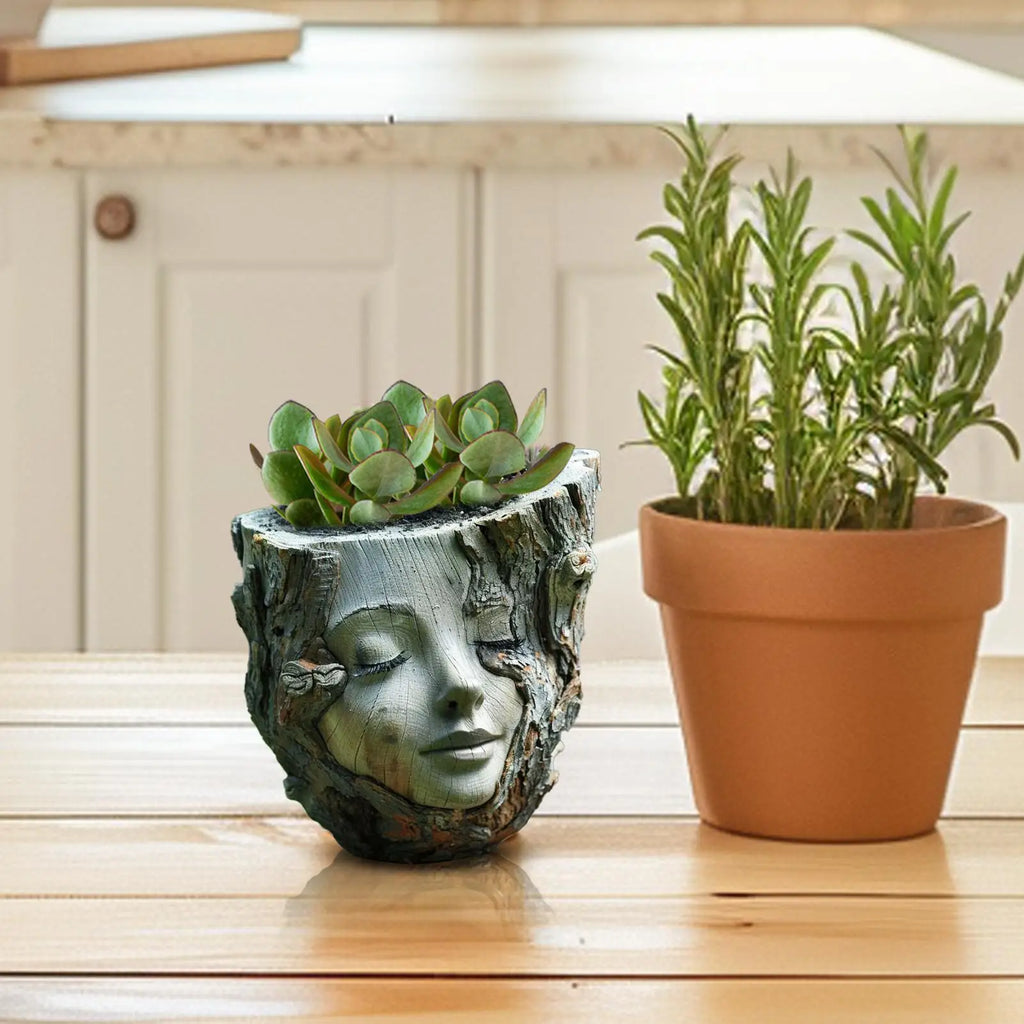 Girl Face Resin Flower Pot – Handmade Tree Stump Garden Statue Decorative Garden Planter Axl