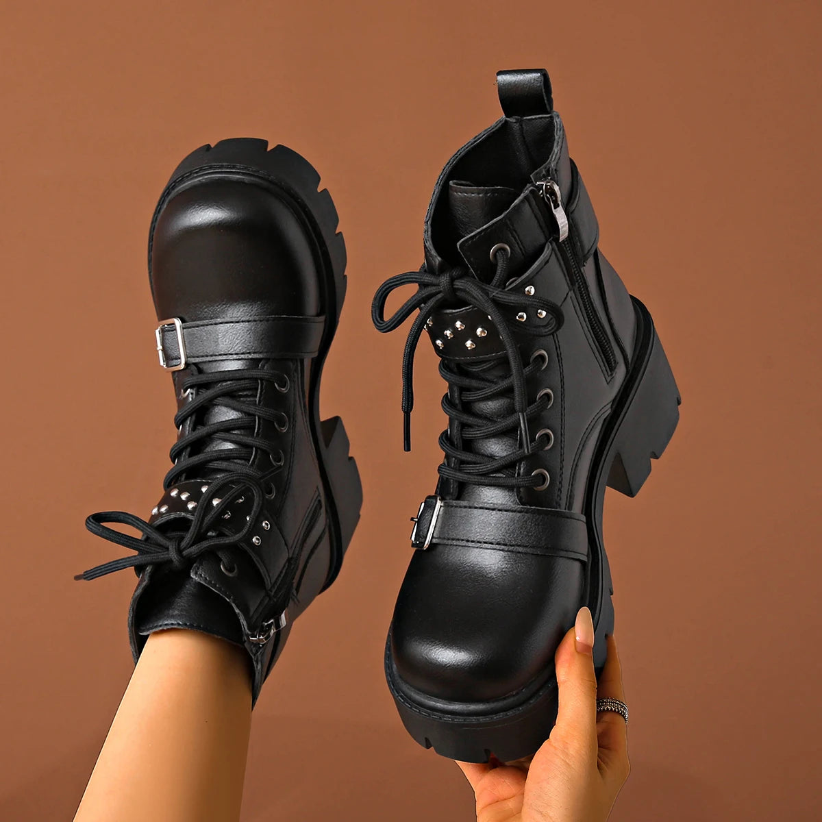 Women's Rivet Mid-Calf Boots – Buckle Strap & Chunky Heel Women's Mid-Calf Boots Axl black 37