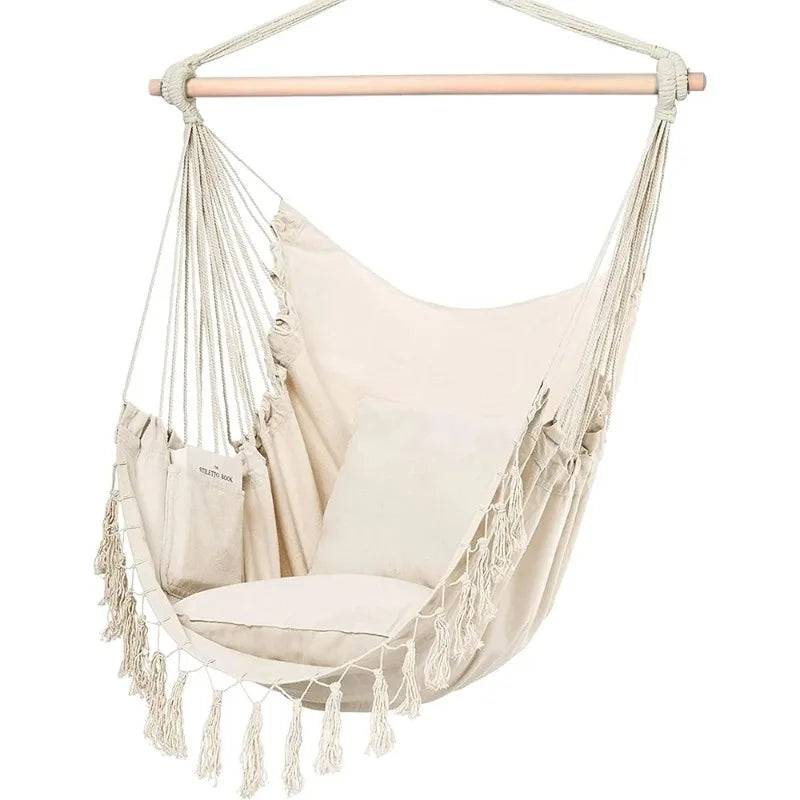 Macrame Hanging Chair with 2 Pillows | 500lb Cotton Rope Swing Hammock Swing Chair Axl