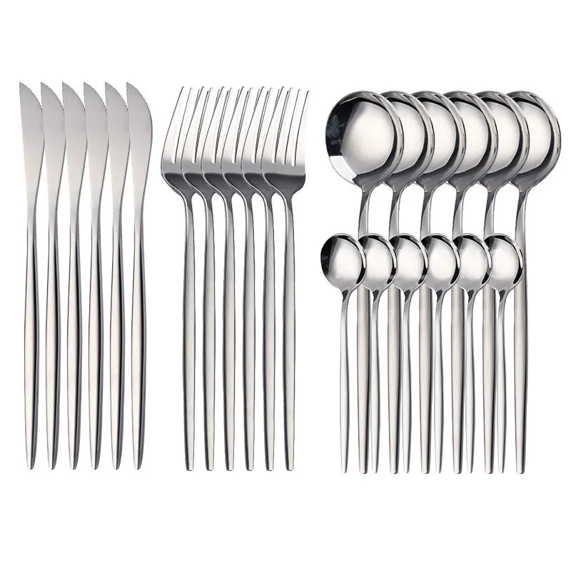 24-Piece Gold Stainless Steel Cutlery Set for 6 | Gift Box Flatware Cutlery Set Axl Silver
