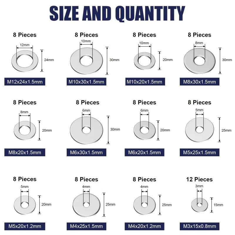 100pcs Stainless Steel Flat Washer Kit – 12 Sizes M3 to M12 Flat Washer Kit Axl
