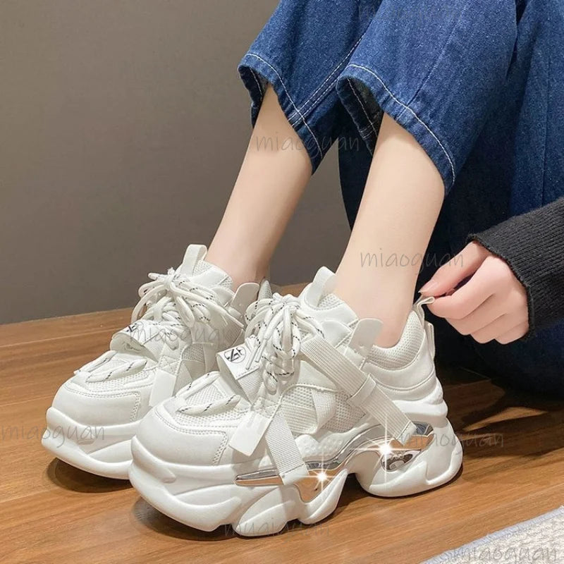 Women's Platform Chunky Sneakers – Shiny Lace-Up Sport Shoes Platform Sneakers Axl