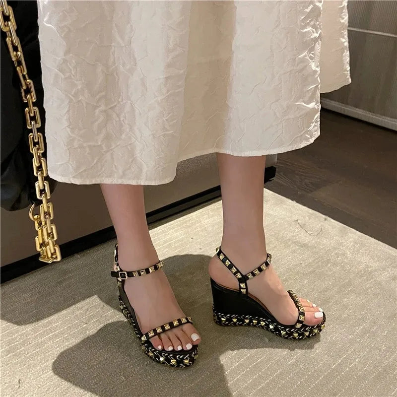 Women's Rivet Wedge Sandals – High Heel Buckle Strap Platform Wedge Sandals Axl