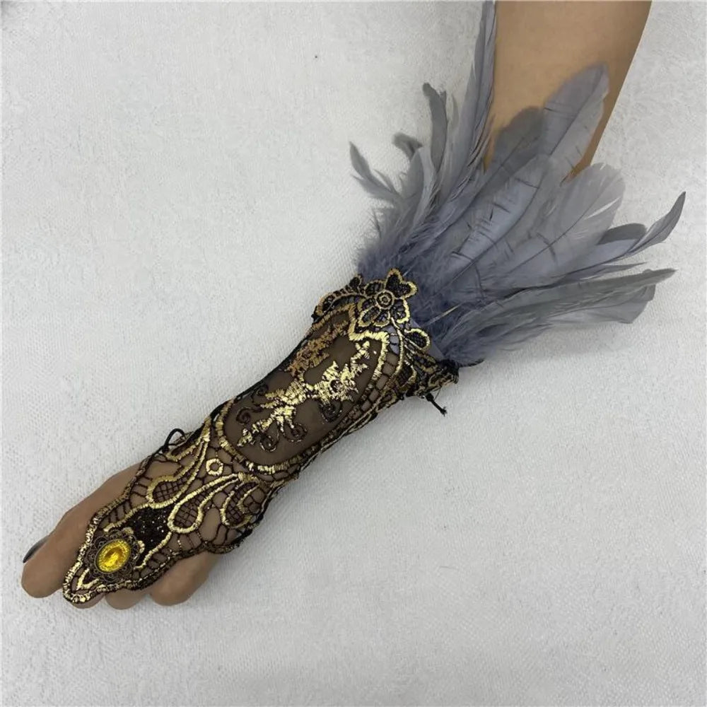 Women's Feather Lace Cuff Gloves – Halloween Costume Accessory Costume Feather Gloves Axl Grey