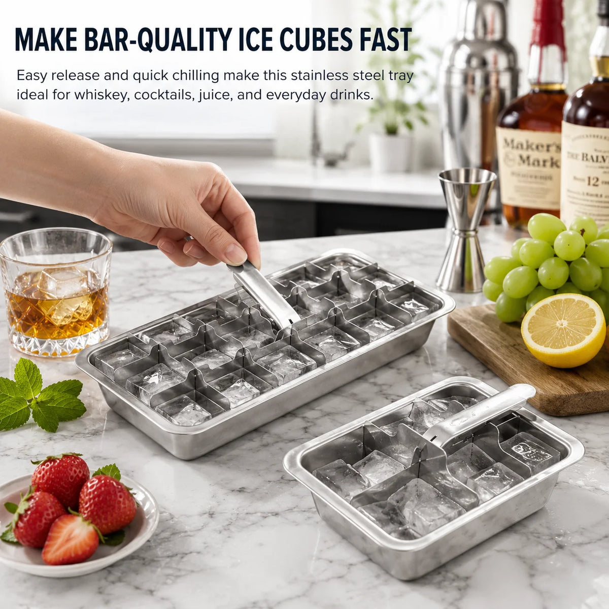 Stainless Steel Ice Cube Tray with Lever Release – 6 & 18 Cavity Ice Cube Tray Axl