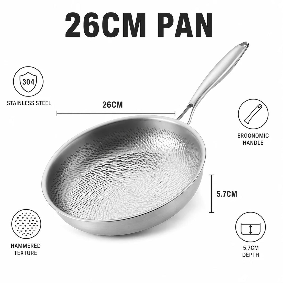 Hammered 3-Ply Stainless Steel Skillet – Uncoated Frying Pan 28cm Stainless Steel Skillet Axl 26cm