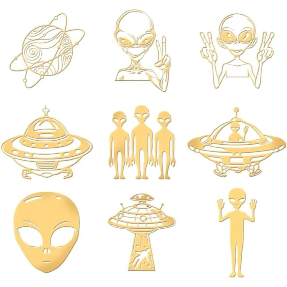 9-Piece Golden Metal Alien Stickers – Space UFO Epoxy DIY DIY Craft Stickers Axl AECH04-18963