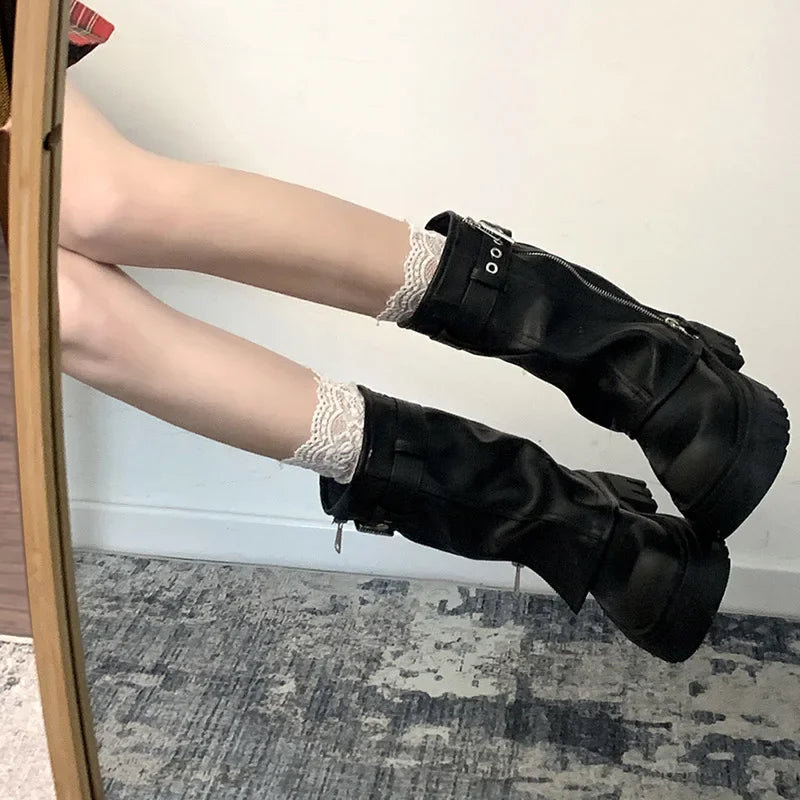 Women's Winter Platform Biker Boots – Belt Buckle Mid-Calf Women's Platform Boots Axl
