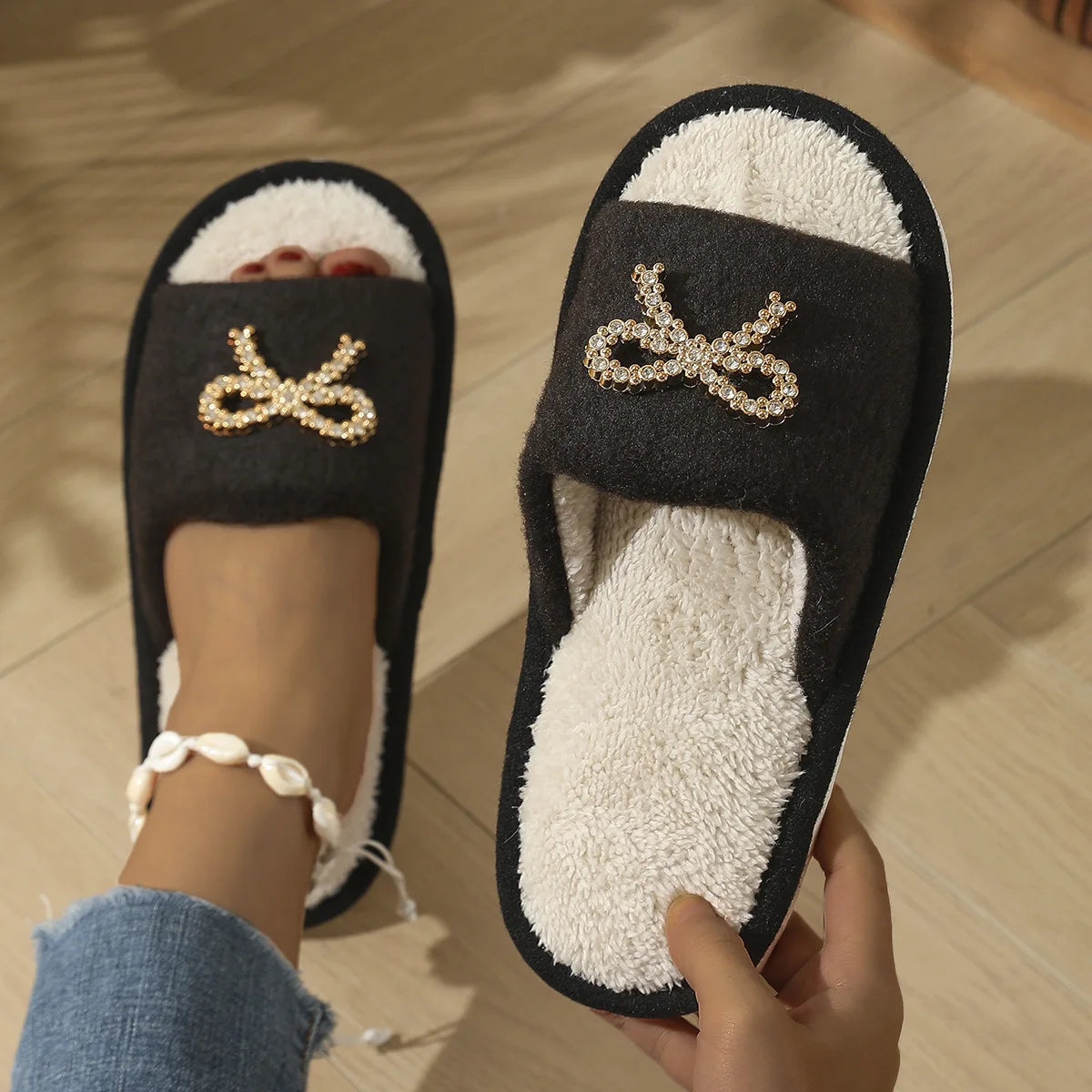 Women's Open Toe Plush Slippers – Butterfly-Knot Cork Sole Women's Slippers Axl Black 36-37