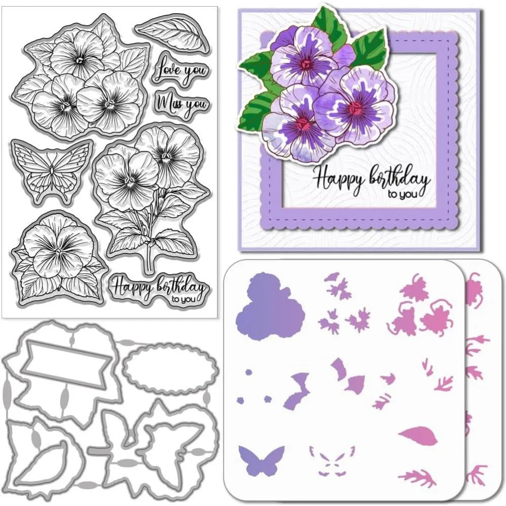 Pansy & Butterfly Clear Stamps, Metal Die Cuts & Stencil Set Craft Stamps & Dies Axl AECH04-19439