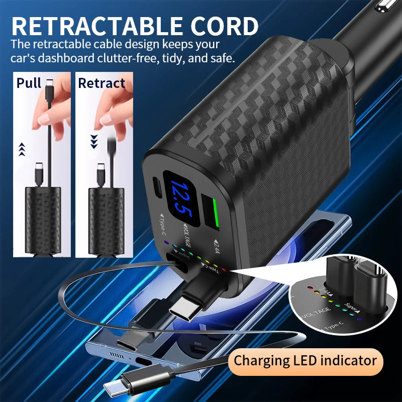 4-in-1 Retractable Car Charger – Digital Display & Fast Charging Car Phone Charger Axl