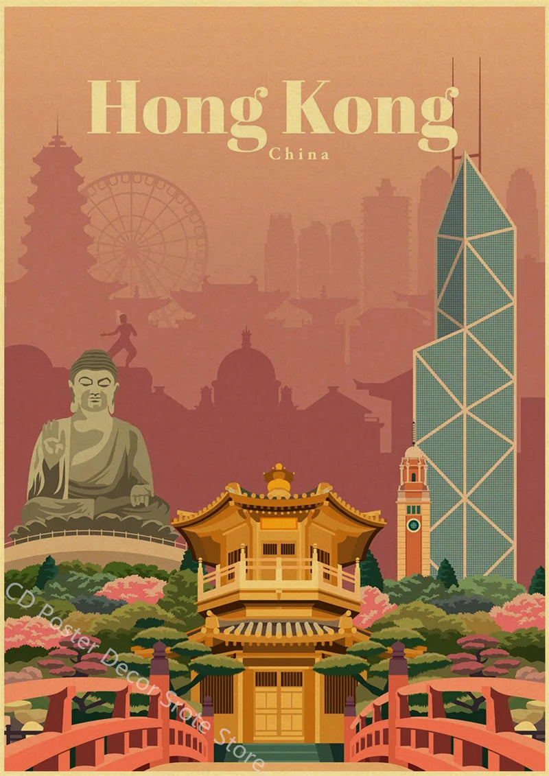 World Cities Retro Travel Poster – Rome Paris Sydney Dubai Art Travel Wall Poster Axl