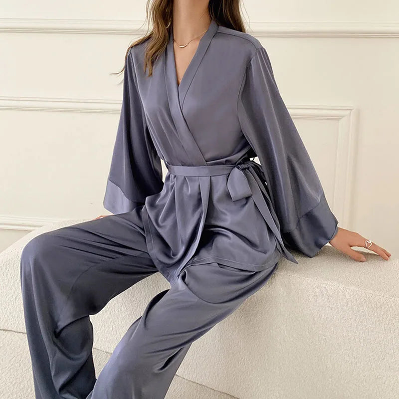 Women's 2-Piece Satin Pajama Set – V-Neck Cardigan & Trousers Satin Pajama Set Axl