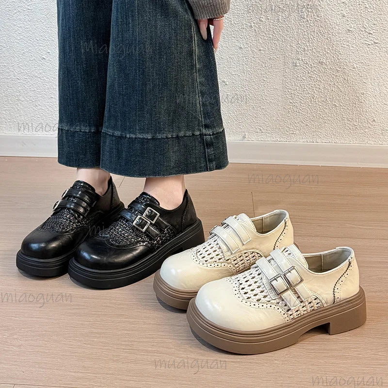 Women's Perforated Platform Wedge Loafers – Retro Buckle Sandal Platform Wedge Loafers Axl