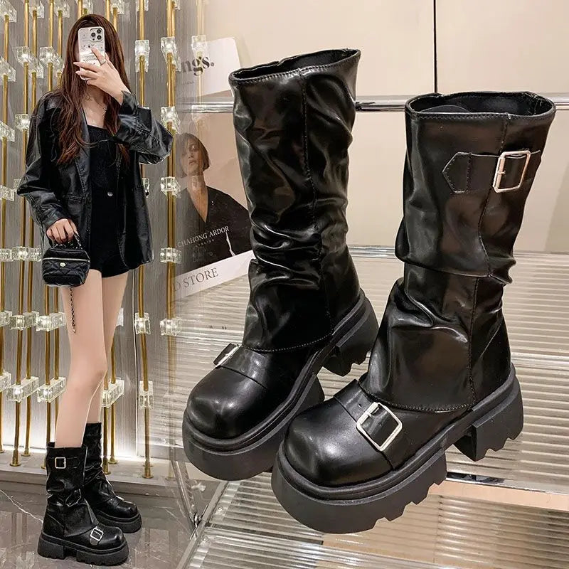 Women's Retro Brown Mid-Calf Wedge Boots | Waterproof Zipper Mid-Calf Boots Axl