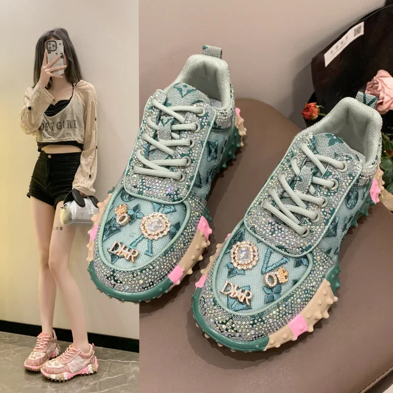 Women's Rhinestone Platform Sneakers | Luxury Lace-Up Shoes Platform Sneakers Axl