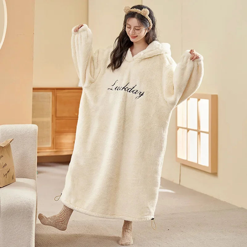 Women's Hooded Coral Velvet Nightgown – Plush Flannel Pajama Dress Hooded Nightgown Axl beige M