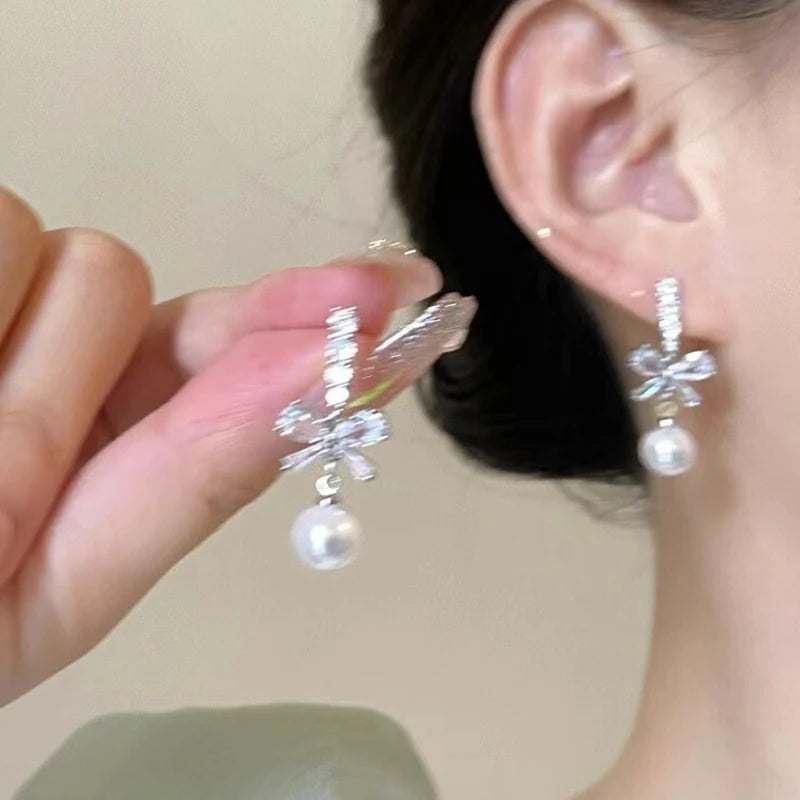 Bow Pearl Dangle Stud Earrings – Sweet Fashion Jewelry Women Pearl Stud Earrings Axl
