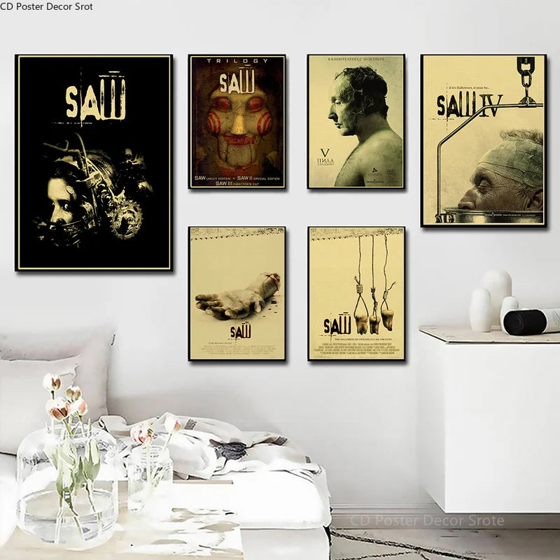 Saw Horror Movie Retro Kraft Paper Poster | Vintage Wall Art Movie Wall Poster Axl