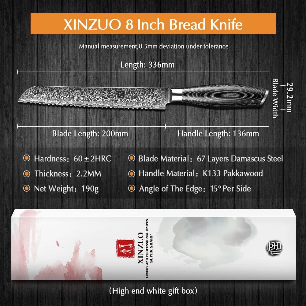 XINZUO 8" Damascus Bread Knife – 67-Layer Steel Pakkawood Damascus Bread Knife Axl