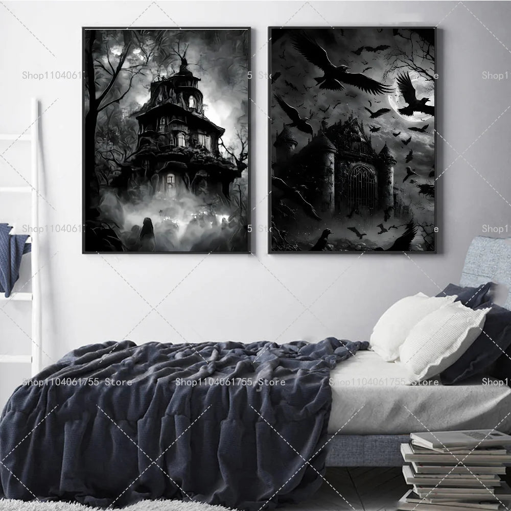 Halloween Gothic Haunted House Wall Poster – Self-Adhesive Wall Art Poster Axl