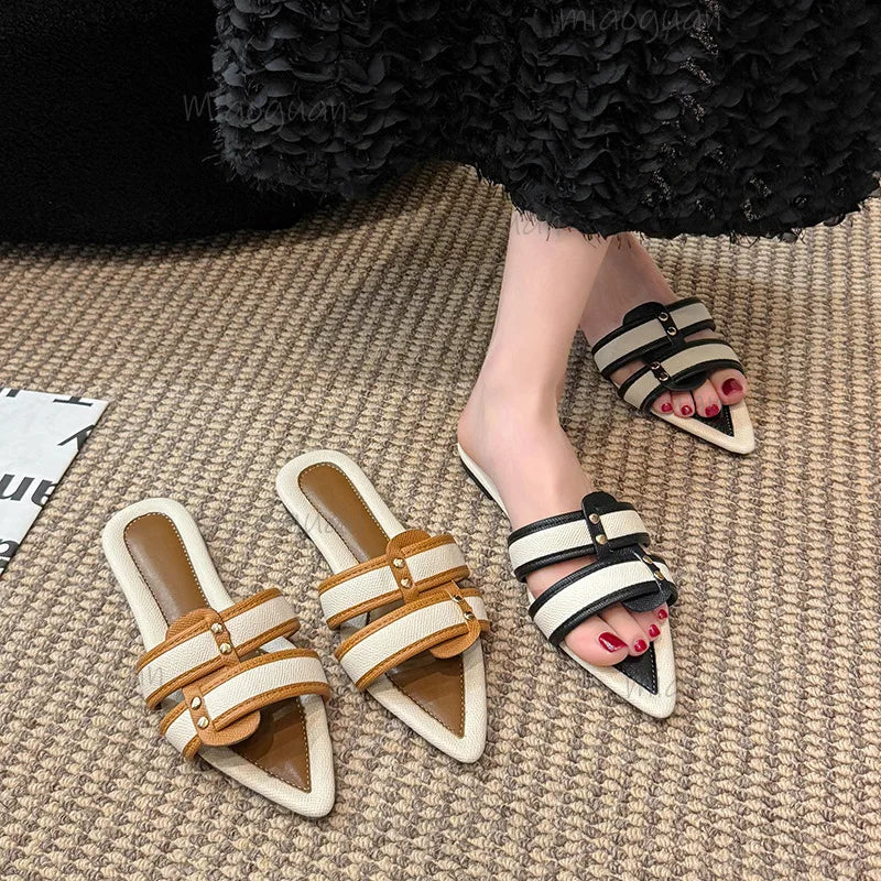 Retro Pointed Flat Sandals for Women – Belt Buckle Summer Slippers Women's Flat Sandals Axl