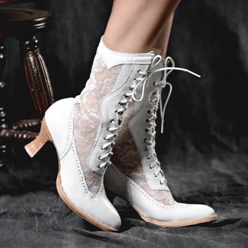 Vintage Victorian Lace-Up Ankle Boots | Pointed Toe Spike Heel Women's Ankle Boots Axl WHITE 35
