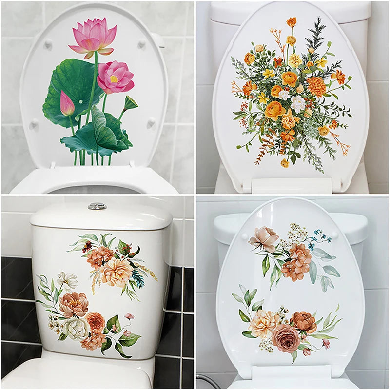 Floral Toilet Lid & Bathroom Wall Sticker – Self-Adhesive PVC Wall Sticker Decal Axl