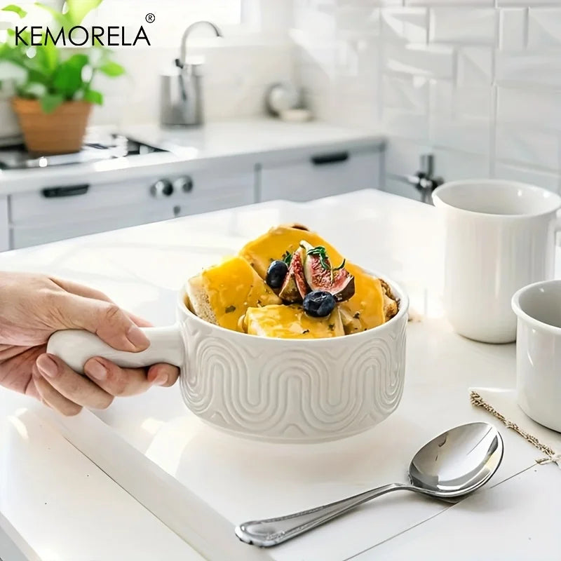 KEMORELA White Ceramic Handled Bowl – Embossed Soup Bowl Ceramic Soup Bowl Axl