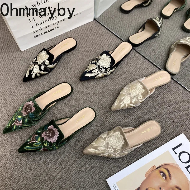 Women's Embroidery Pointed Toe Mule Slides – Elegant Flat Slippers Women's Mule Slides Axl