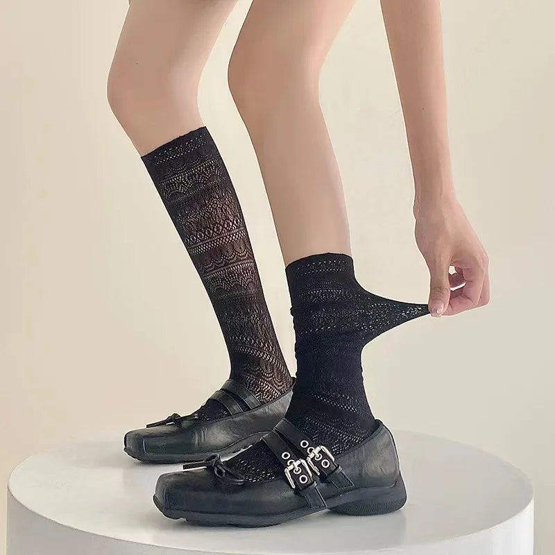 Women's Lace Trim Knee High Socks – Breathable Mesh Knit Knee High Socks Axl 1 pairs black One Size