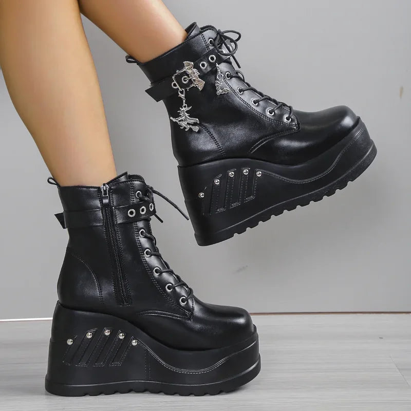 Women's Punk Goth Platform Wedge Ankle Boots | Lace-Up Platform Wedge Boots Axl black 42