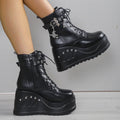 Women's Punk Goth Platform Wedge Ankle Boots | Lace-Up Platform Wedge Boots Axl black 42