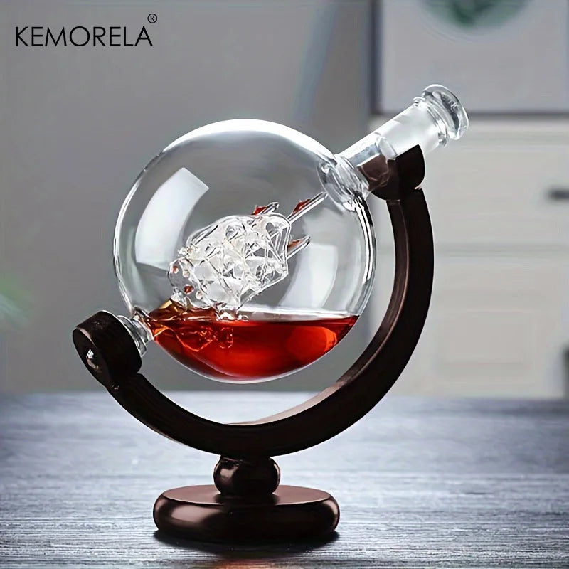 Globe Whiskey Decanter Set 900ml – Wood Stand & 2 Glasses Whiskey Decanter Set Axl
