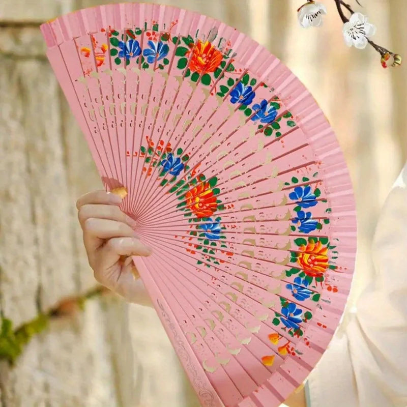 Wooden Spanish Folding Fan – Double-Sided Floral Dance & Decor Decorative Folding Fan Axl