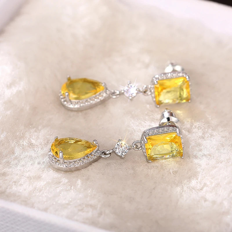 Huitan Pink & Yellow CZ Pear Dangle Earrings for Women CZ Dangle Earrings Axl