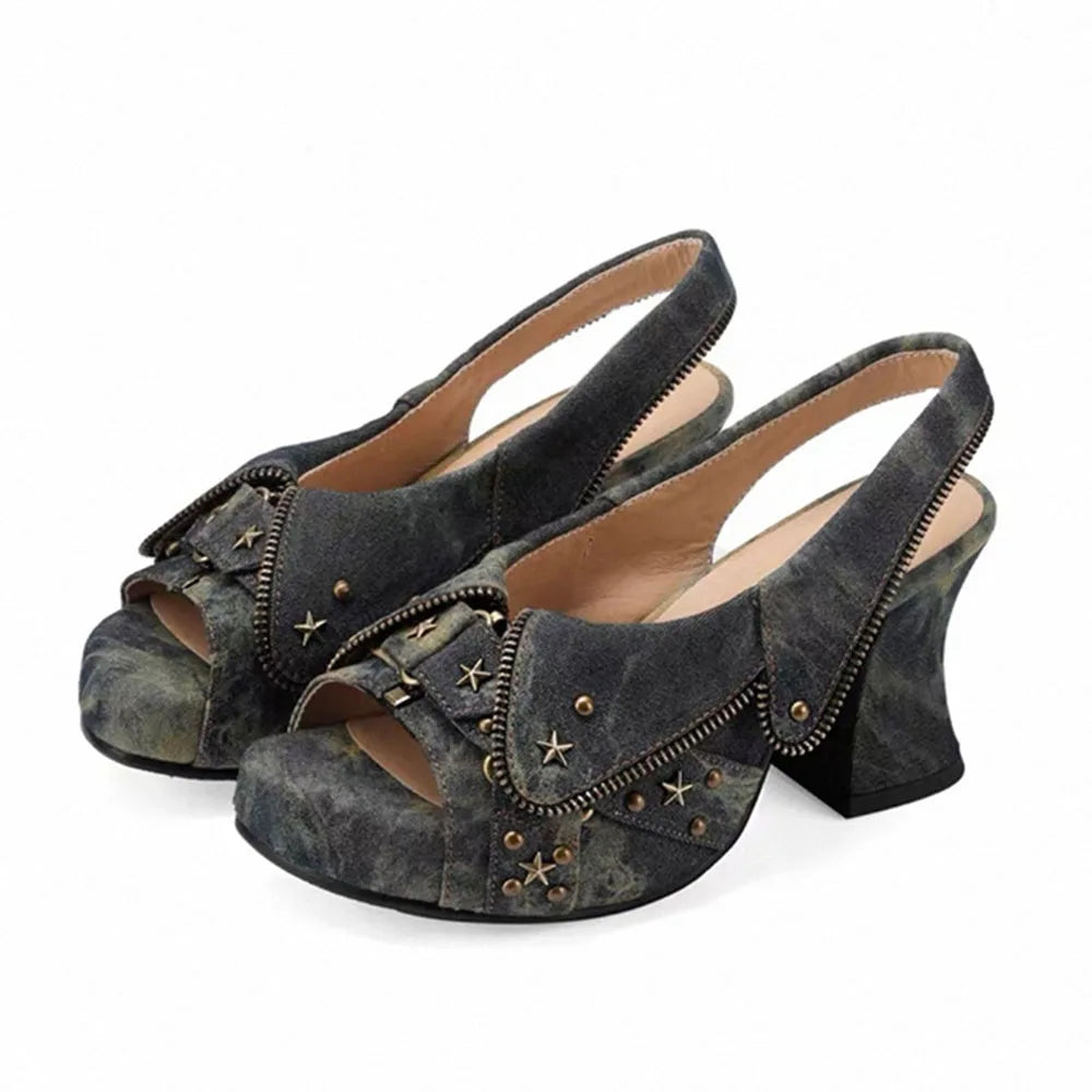 Y2K Star Rivet Denim Platform Sandals – Peep Toe Slingback Heels Platform Sandals Axl blue mix green 38